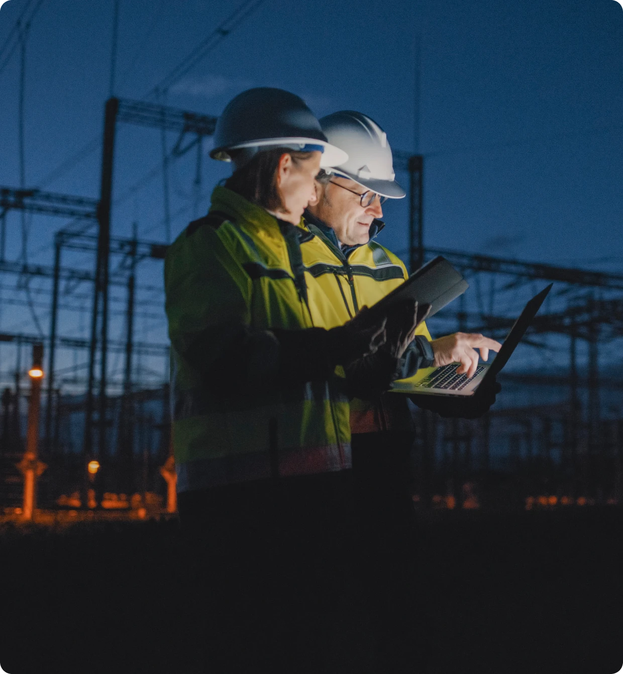 Industrial inspection at dusk with technology