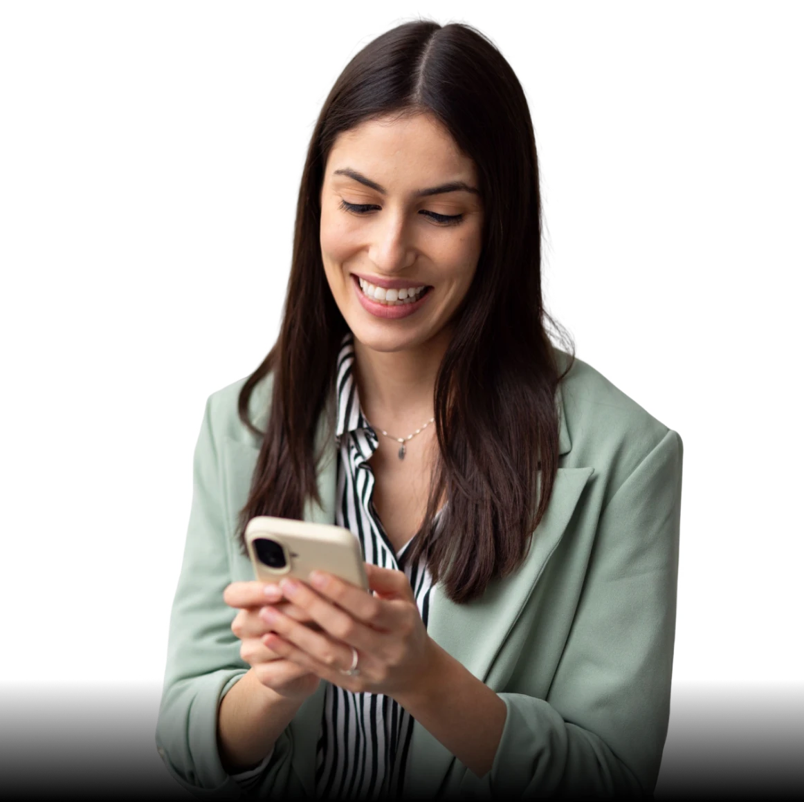 Smiling woman using smartphone
