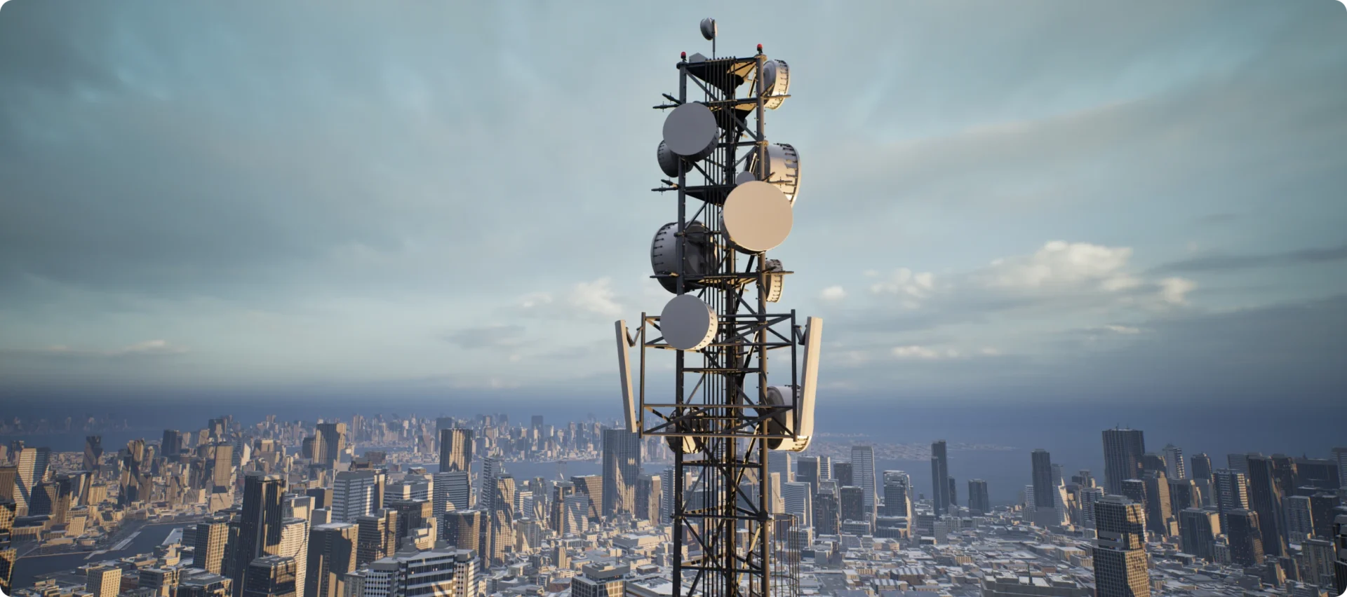 Radio tower above urban landscape